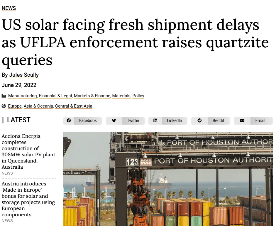 News headline "US solar facing fresh shipment delays as UFLPA enforcement raises quartzite queries"