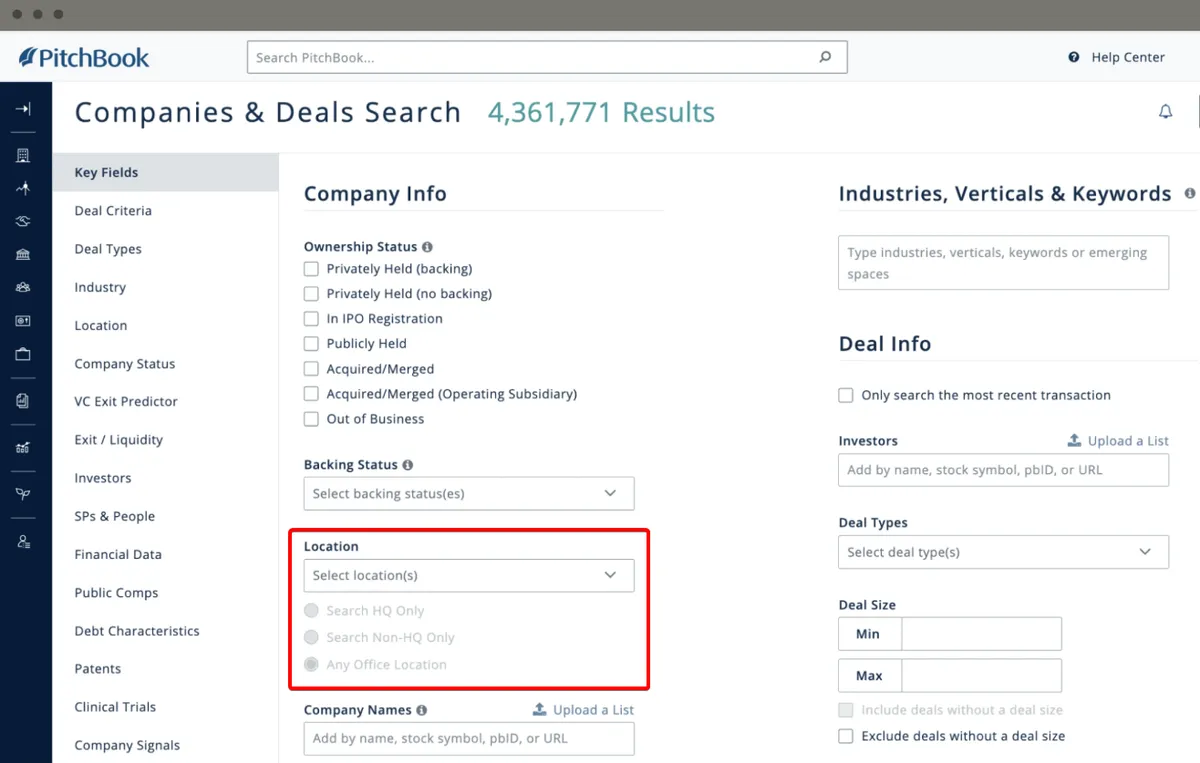 PitchBook dashboard