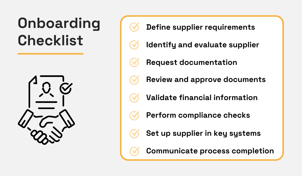 Onboarding checklist for suppliers - defining requirements, evaluating suppliers, requesting and reviewing documentation, validating financial info, performing compliance checks, setting up systems, and communicating completion