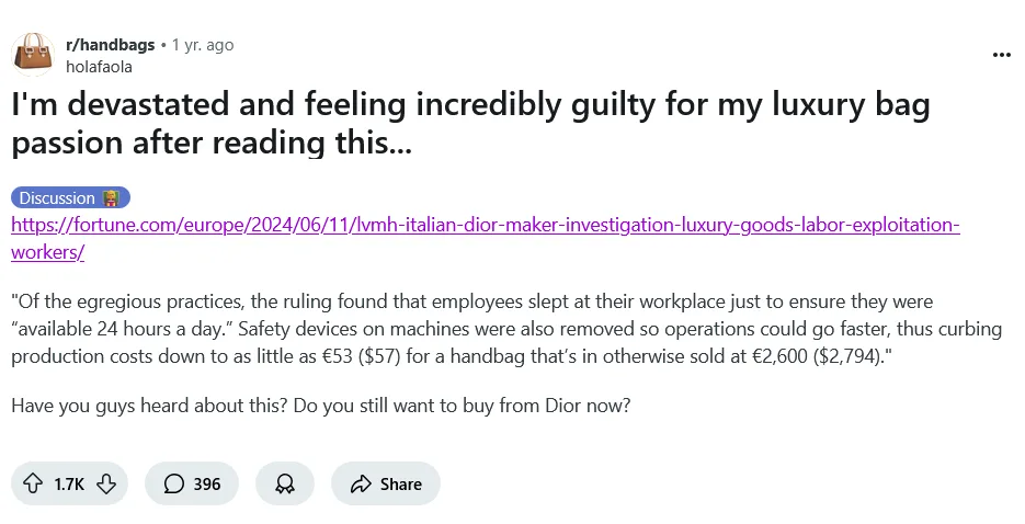 Reddit post expressing guilt over luxury bag purchases after learning about Dior’s supplier labor abuses, including quote about poor working conditions and high markups