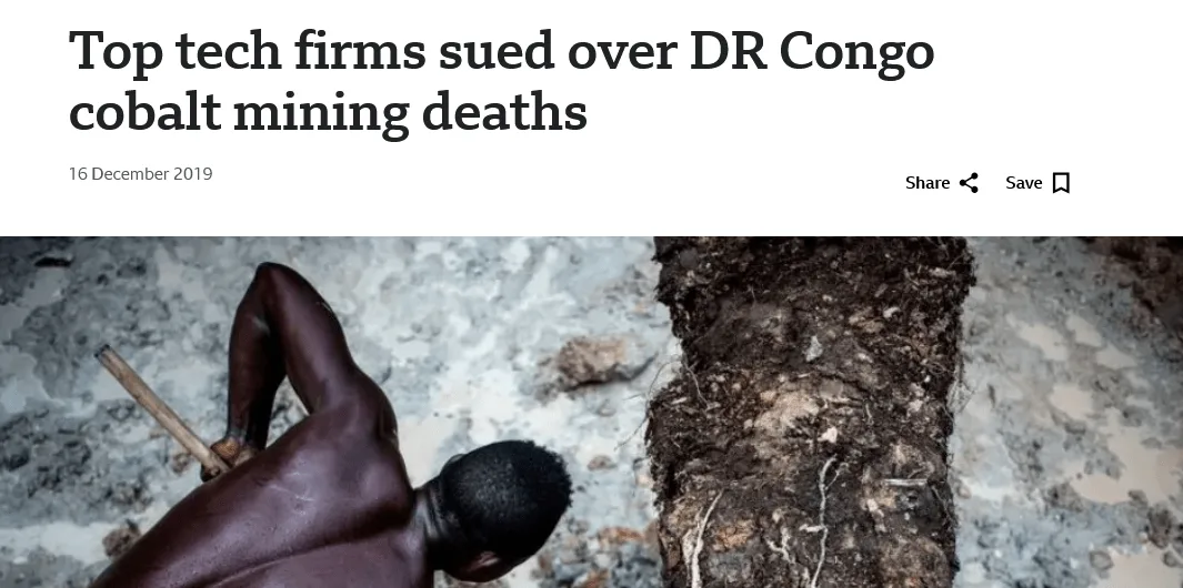 BBC article headline "Top tech firms sued over DR Congo cobalt mining deaths"