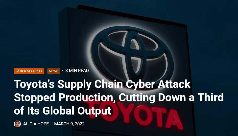 News headline reporting that a cyberattack on Toyota’s supply chain halted production and reduced global output by one-third