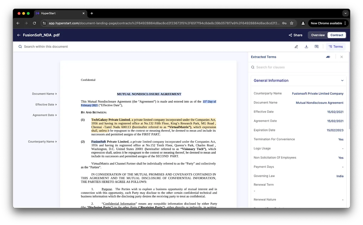 Screenshot of NDA document analysis platform
