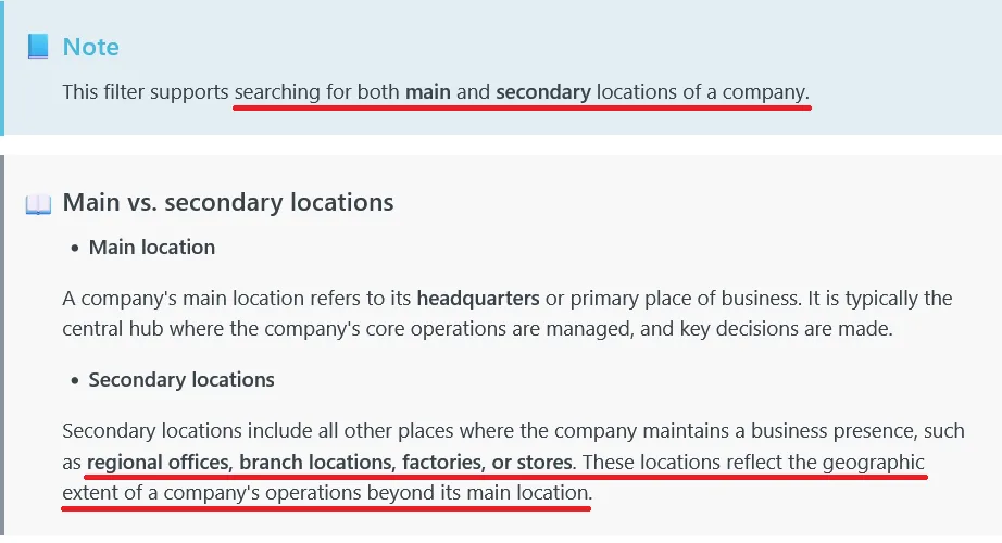 Explanation of the difference between main and secondary business locations, noting that secondary includes regional offices, branches, factories, and stores