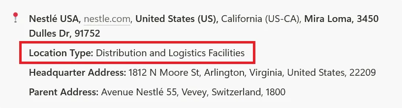 Business address for Nestlé USA with location type highlighted as Distribution and Logistics Facilities