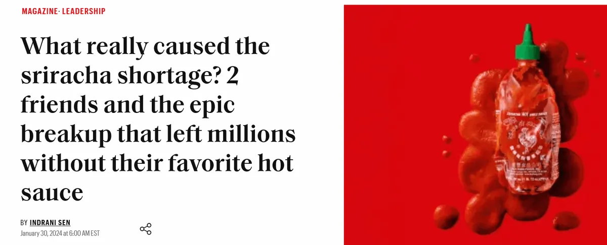 Article headline explaining the sriracha shortage caused by a dispute between business partners