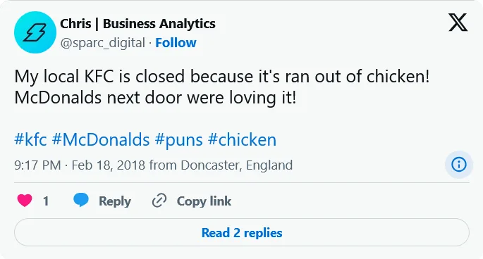 Tweet showing a customer complaining about KFC being closed due to running out of chicken