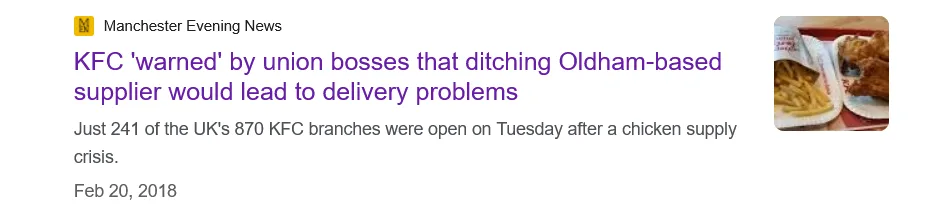 News snippet headline from Manchester Evening News warning KFC about delivery issues after dropping Oldham-based supplier