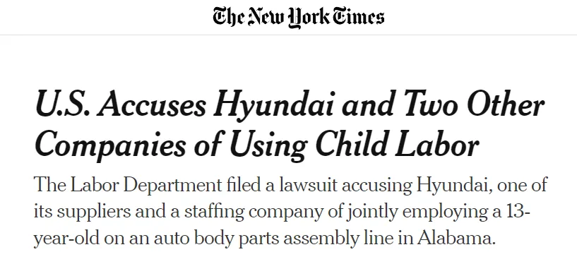 News article headline "U.S. Accuses Hyundai and Two Other Companies of Using Child Labor"
