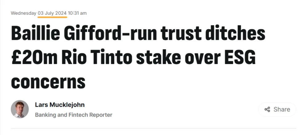 News article headline "Baillie Gifford-run trust ditches £20m Rio Tinto stake over ESG concerns"