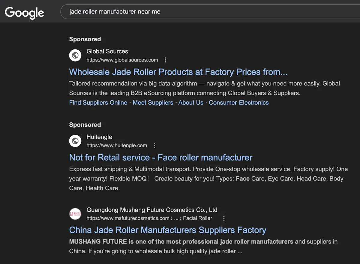 Google search results for "jade roller manufacturer near me" showing sponsored listings from Global Sources, Huitengle, and Mushang Future