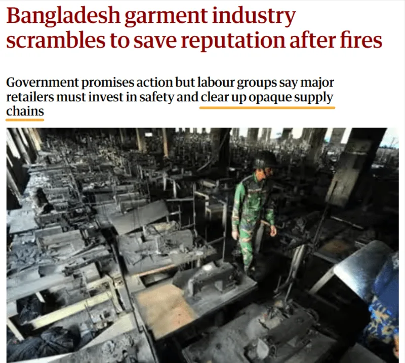 News article headline "Bangladesh garment industry scrambles to save reputation after fires"