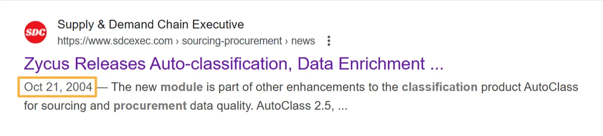Search snippet from SDC Executive titled "Zycus Releases Auto-classification, Data Enrichment"