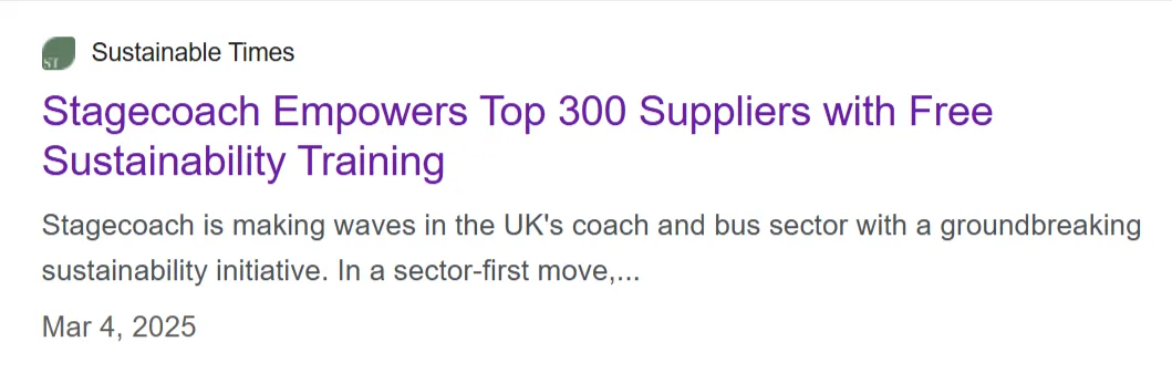 Headline about Stagecoach offering free sustainability training to top 300 suppliers