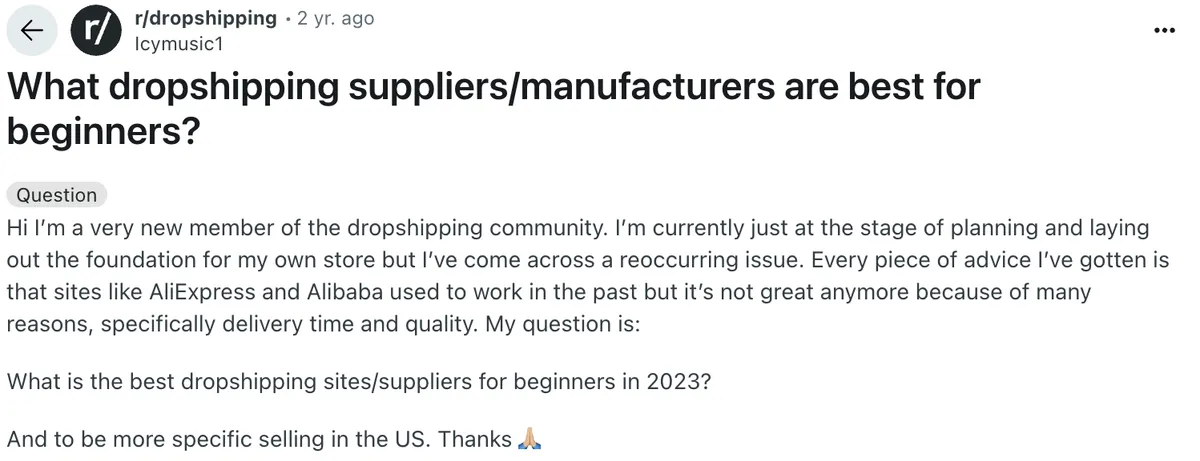Reddit question post asking for the best dropshipping suppliers for beginners in the US