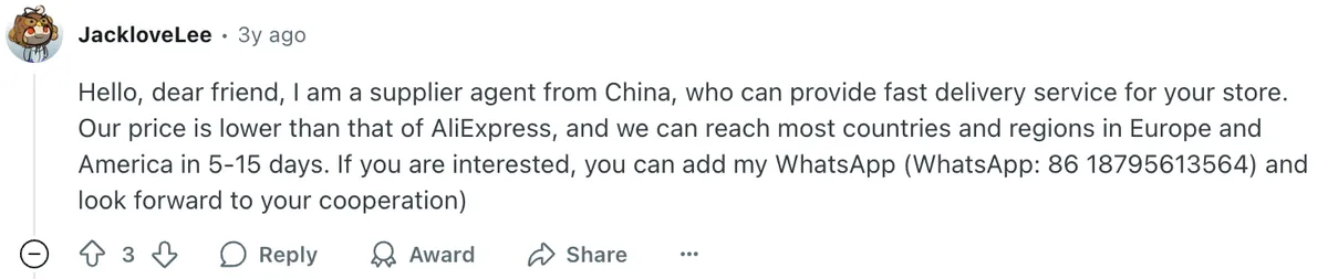 Reddit comment from a Chinese supplier offering fast delivery and low prices for dropshipping