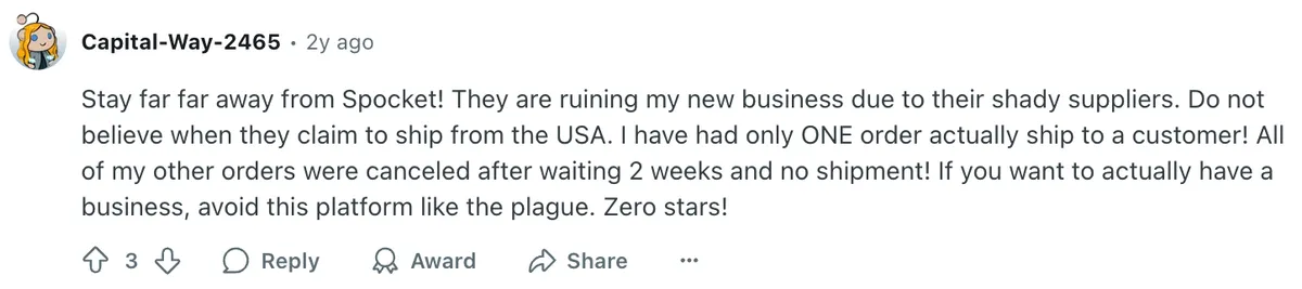 Reddit comment criticizing Spocket for poor shipping performance and unreliable suppliers