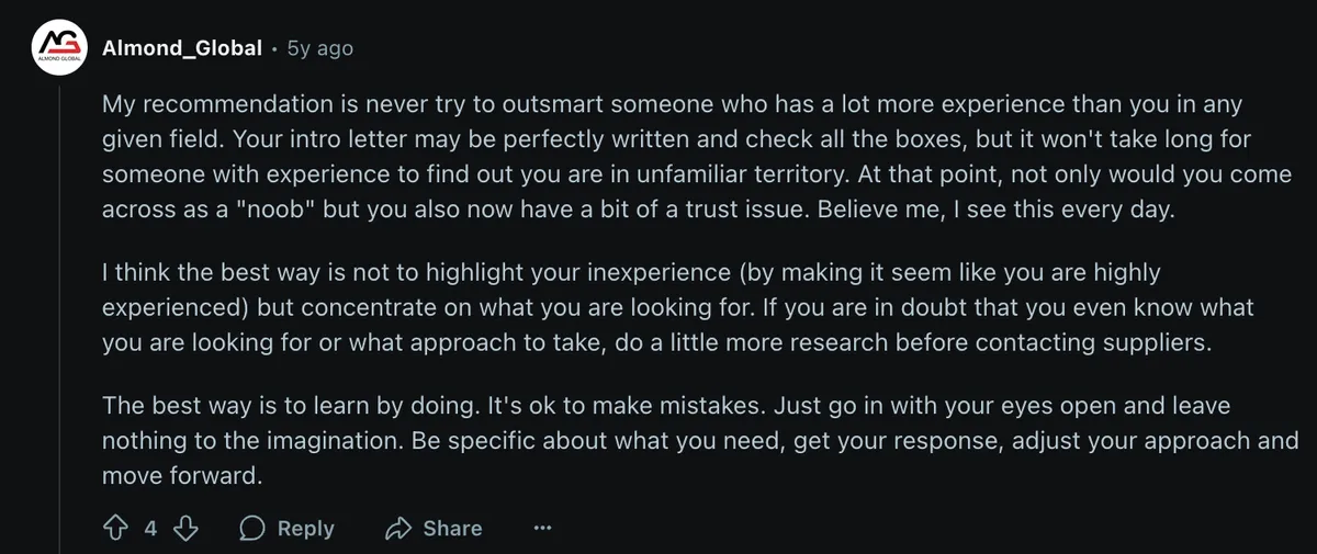 Reddit comment advising beginners not to pretend to have experience when contacting suppliers, and to focus on learning by doing