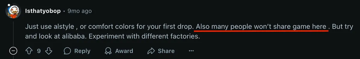 Reddit user recommends using Alstyle or Comfort Colors for a first product drop and notes that many users are reluctant to share supplier information