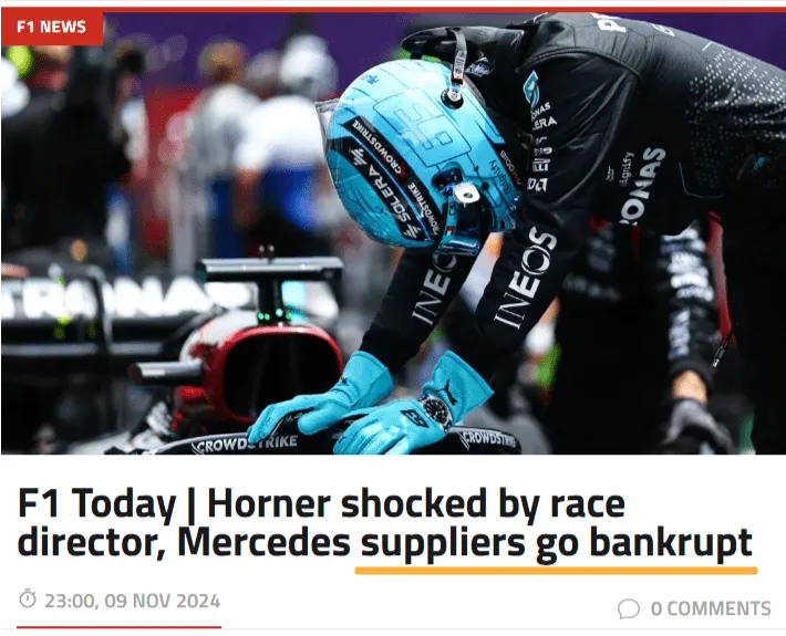 F1 news headline "Horner shocked by race director, Mercedes suppliers go bankrupt"