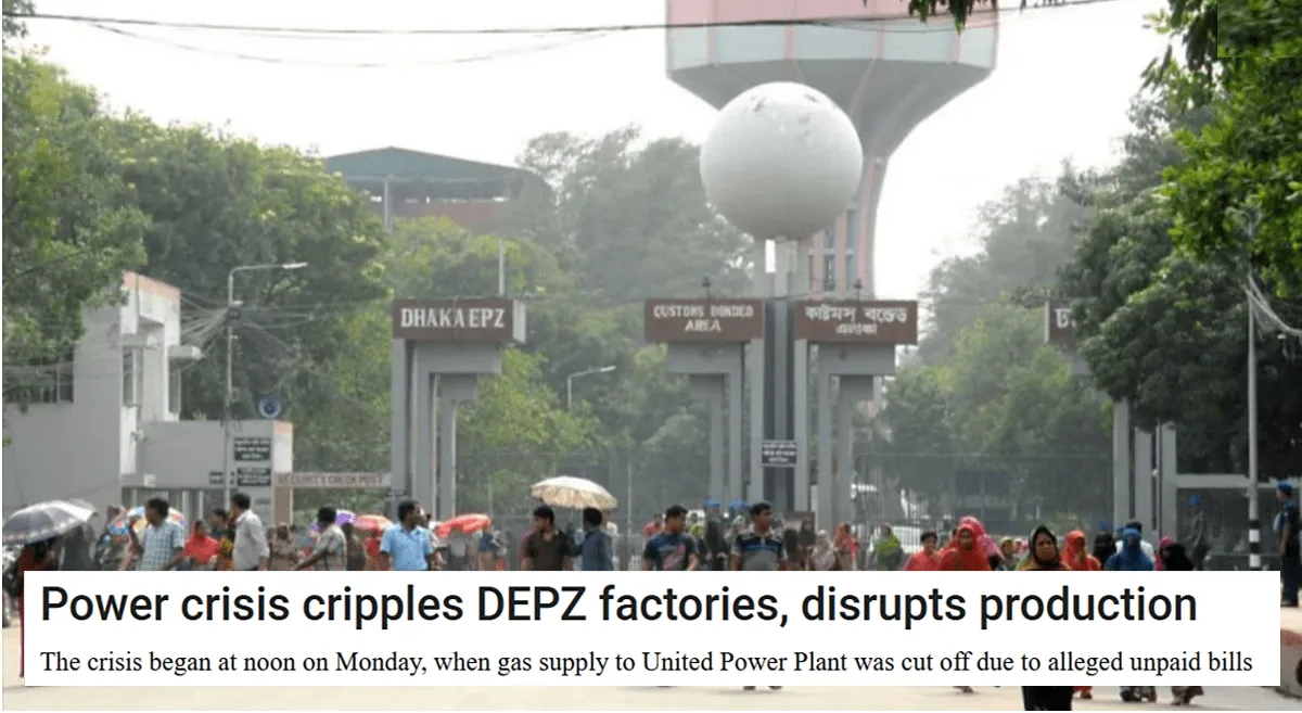 News article headline "Power crisis cripples DEPZ factories, disrupts production"