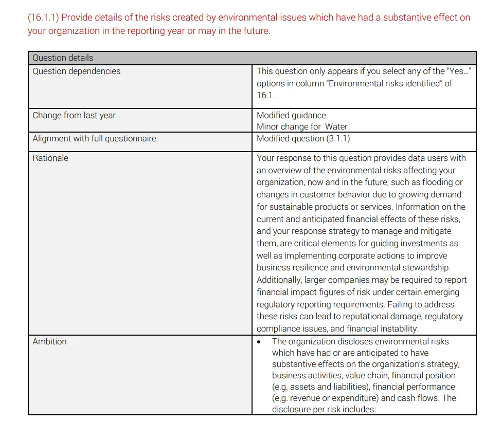 Details for CDP question 16.1.1 on environmental risks, including rationale, ambition, and required disclosures related to financial and strategic impacts table