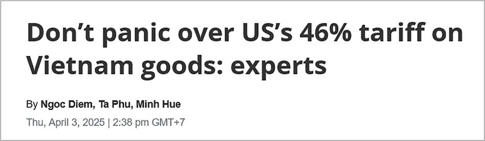 News headline advising not to panic over US’s 46% tariff on Vietnamese goods, with author and timestamp