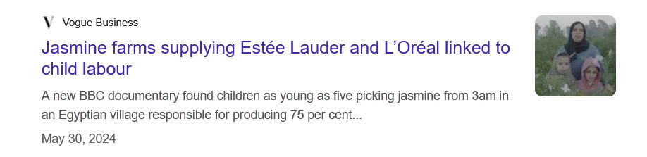News snippet reporting child labour linked to jasmine farms supplying Estée Lauder and L'Oréal, with an image of children and a woman in a field