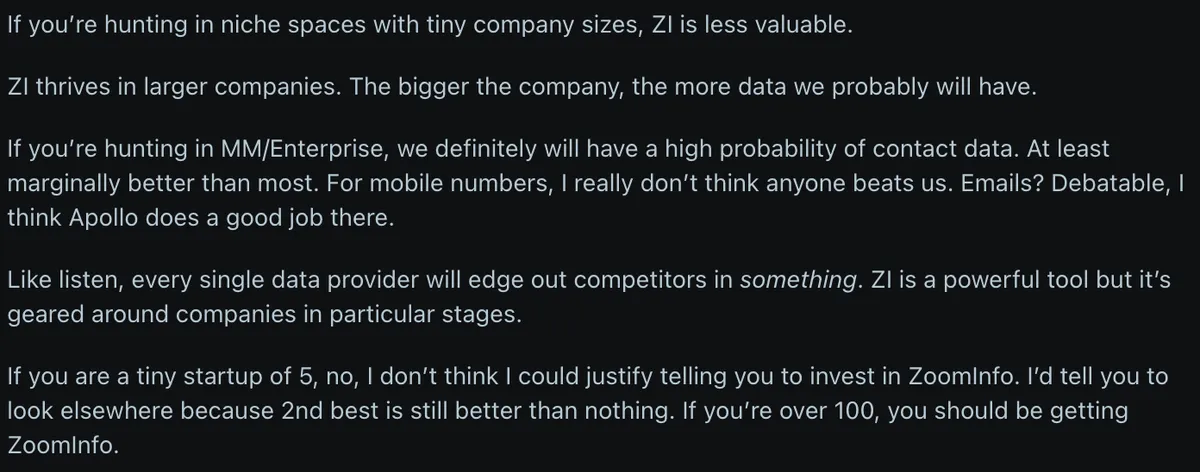 Reddit user comment on ZoomInfo