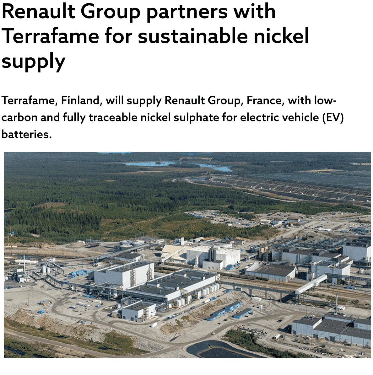 News article headline "Renault Group partners with Terrafame for sustainable nickel supply"