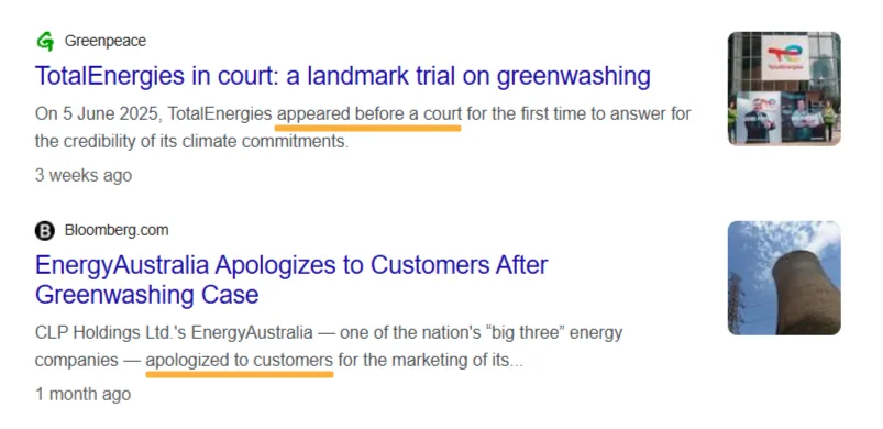 Google snippets showing TotalEnergies on trial for greenwashing and EnergyAustralia apologizing to customers after a greenwashing case