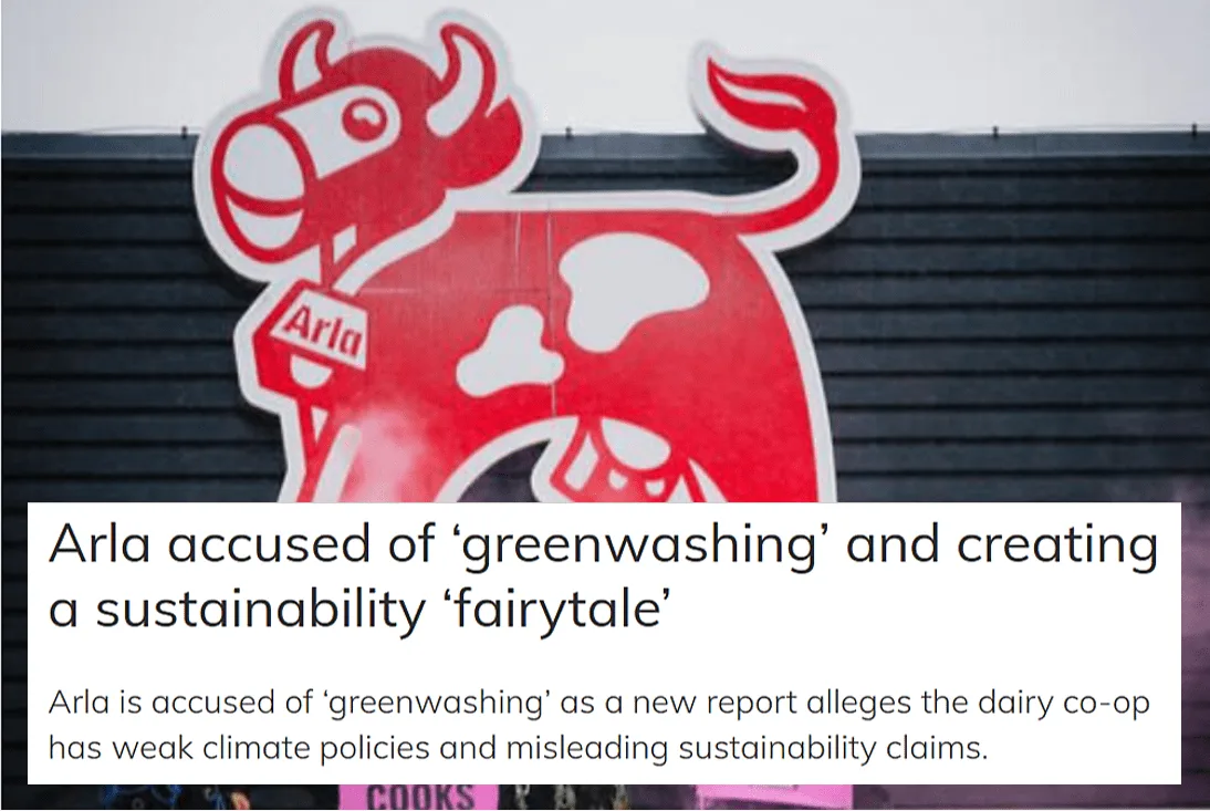 News article headline "Arla accused of ‘greenwashing’ and creating a sustainability ‘fairytale’"