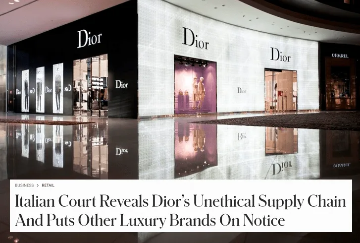 News article headline "Italian Court Reveals Dior’s Unethical Supply Chain And Puts Other Luxury Brands On Notice"