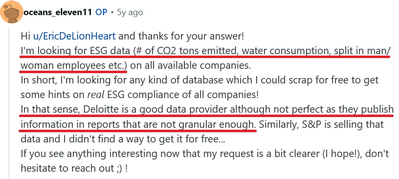 Reddit comment discussing ESG data sources and limitations of available reports, mentioning Deloitte and S&P