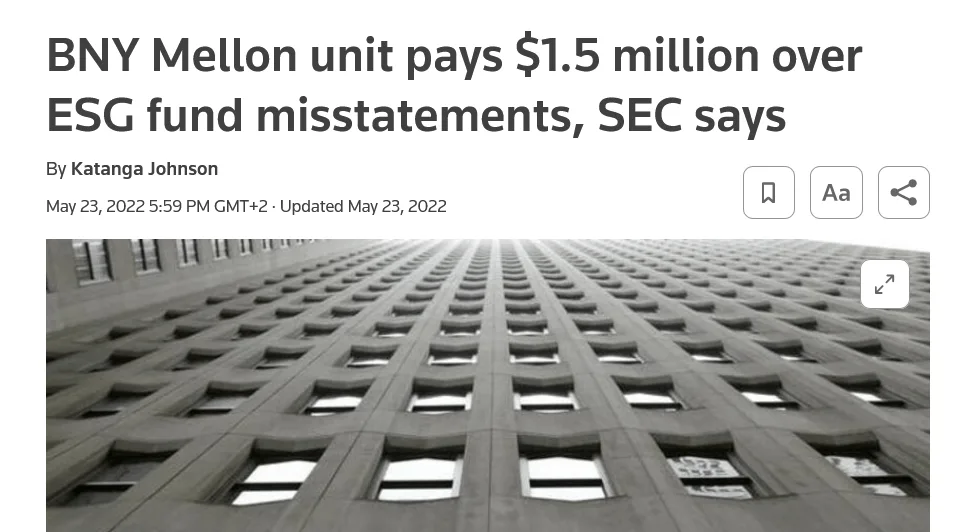 News article headline "BNY Mellon unit pays $1.5 million over ESG fund misstatements, SEC says"