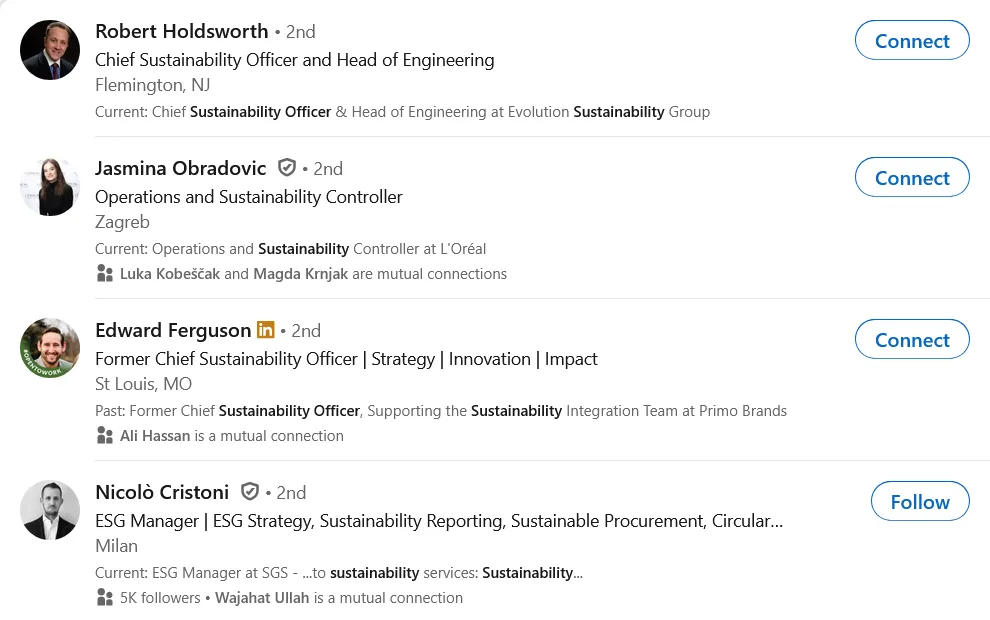 List of LinkedIn profiles of sustainability professionals