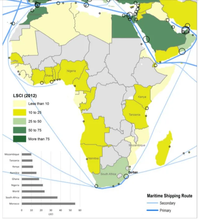 Map of Africa showing the 2012 Liner Shipping Connectivity Index