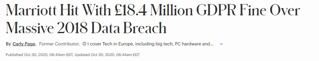 News article headline "Marriott Hit With £18.4 Million GDPR Fine Over Massive 2018 Data Breach"