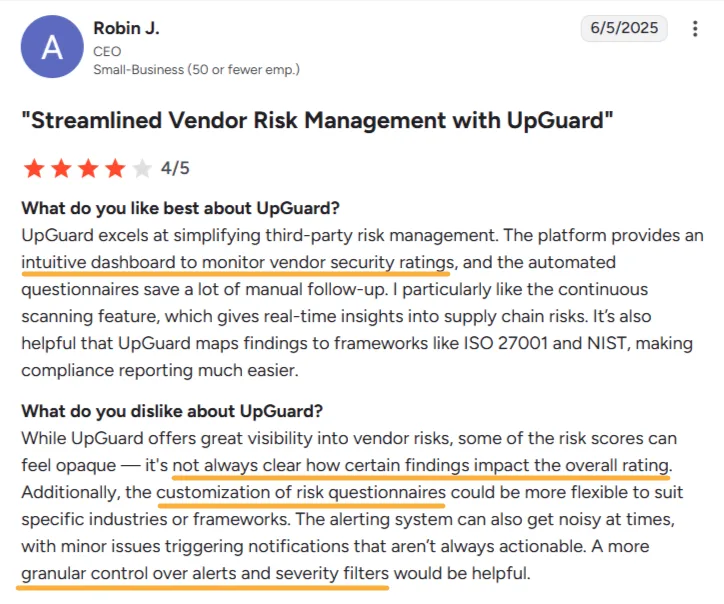 User review for UpGuard on G2