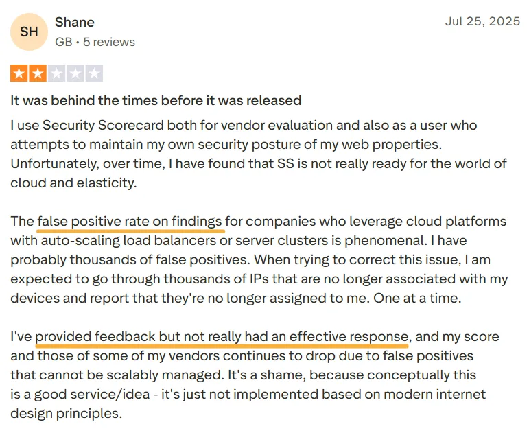User review for SecurityScorecard on Trustpilot