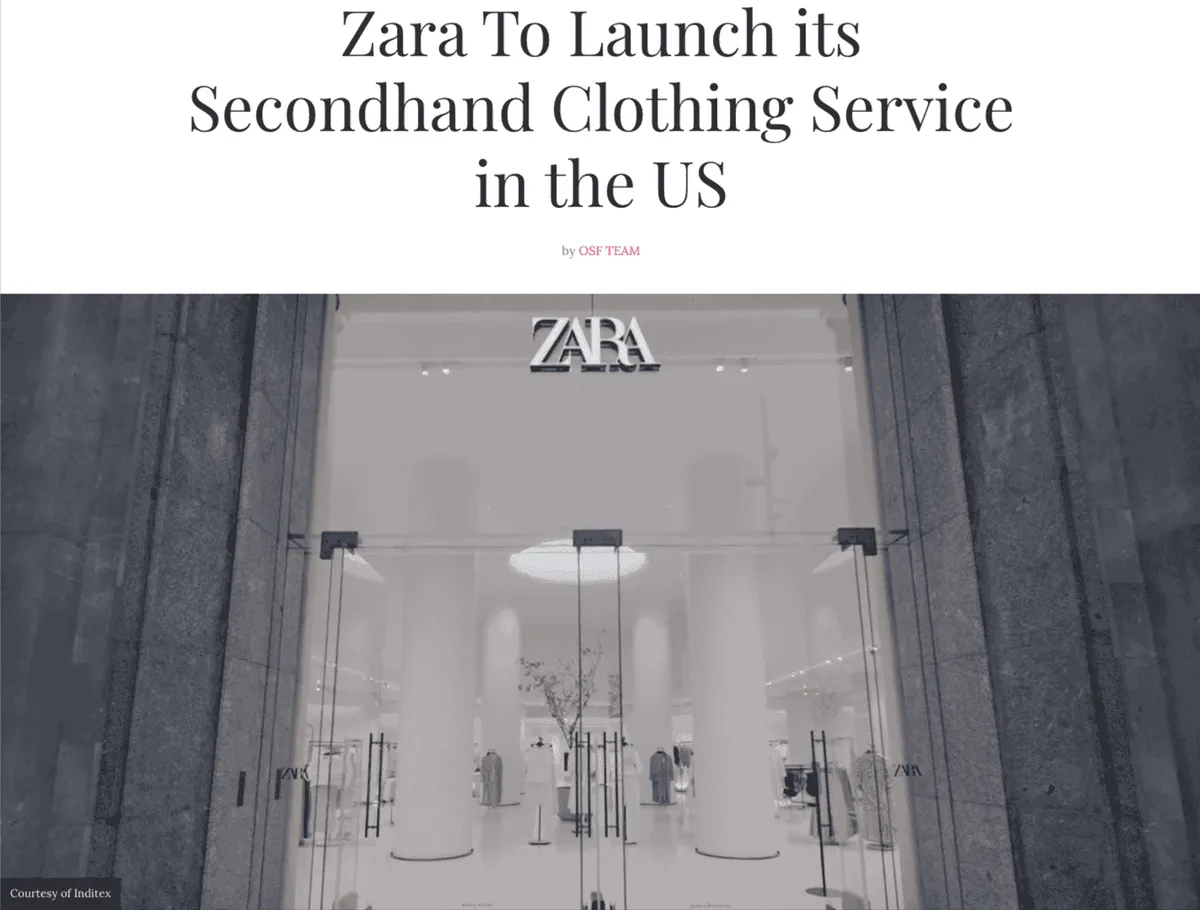 News article headline "Zara To Launch its Secondhand Clothing Service in the US"
