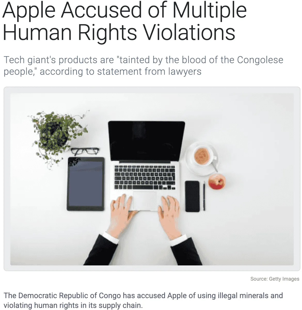 News article headline "Apple Accused of Multiple Human Rights Violations"