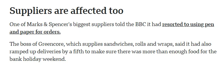 Text excerpt about Marks & Spencer suppliers resorting to pen and paper for orders during disruptions