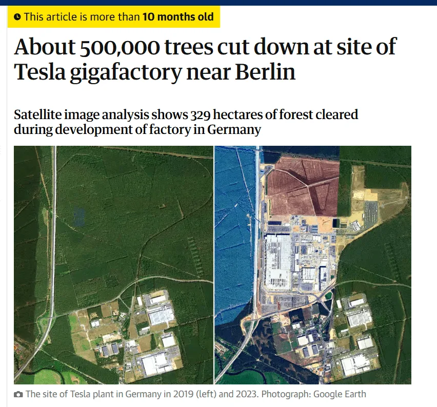 News article headline "About 500,000 trees cut down at site of Tesla gigafactory near Berlin"