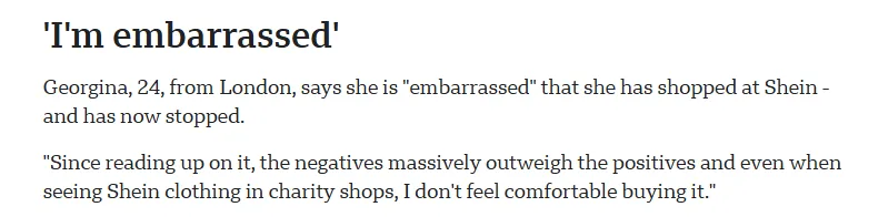 Shein shopper expressing embarrassment over shopping at Shein due to ethical concerns