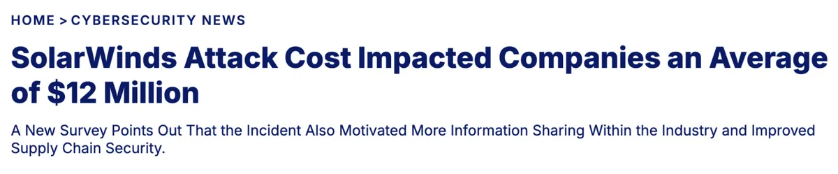News article headline "SolarWinds Attack Cost Impacted Companies an Average of $12 Million"