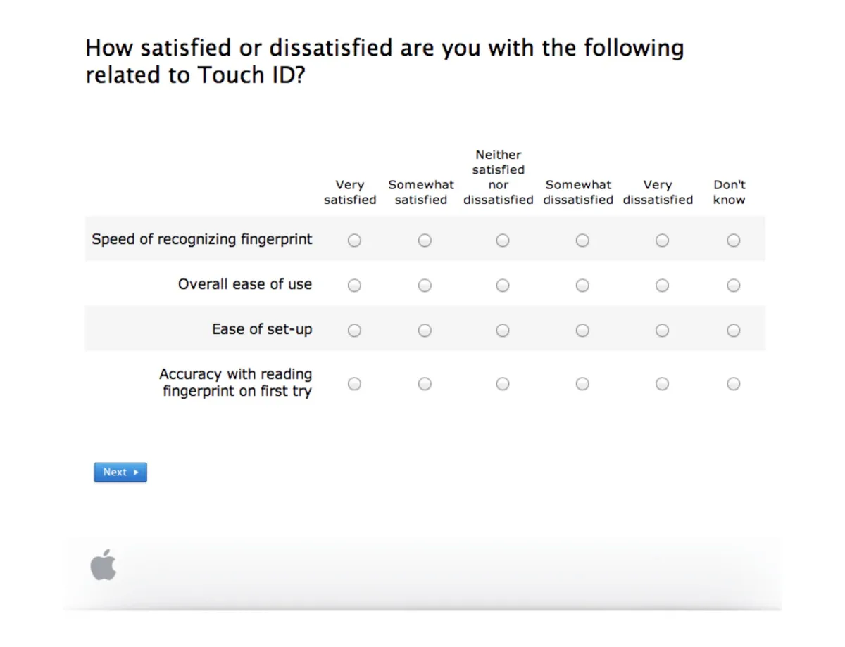 Apple Touch ID satisfaction survey interface