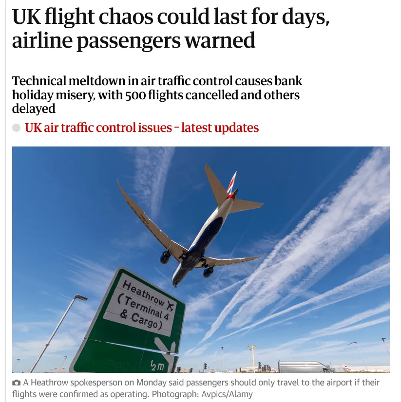 News article headline "UK flight chaos could last for days, airline passengers warned"