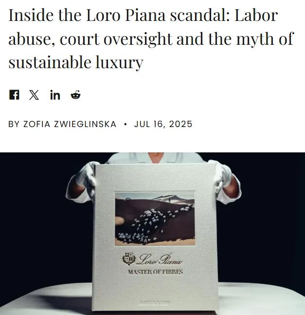 screenshot of a news article on the loro piana scandal