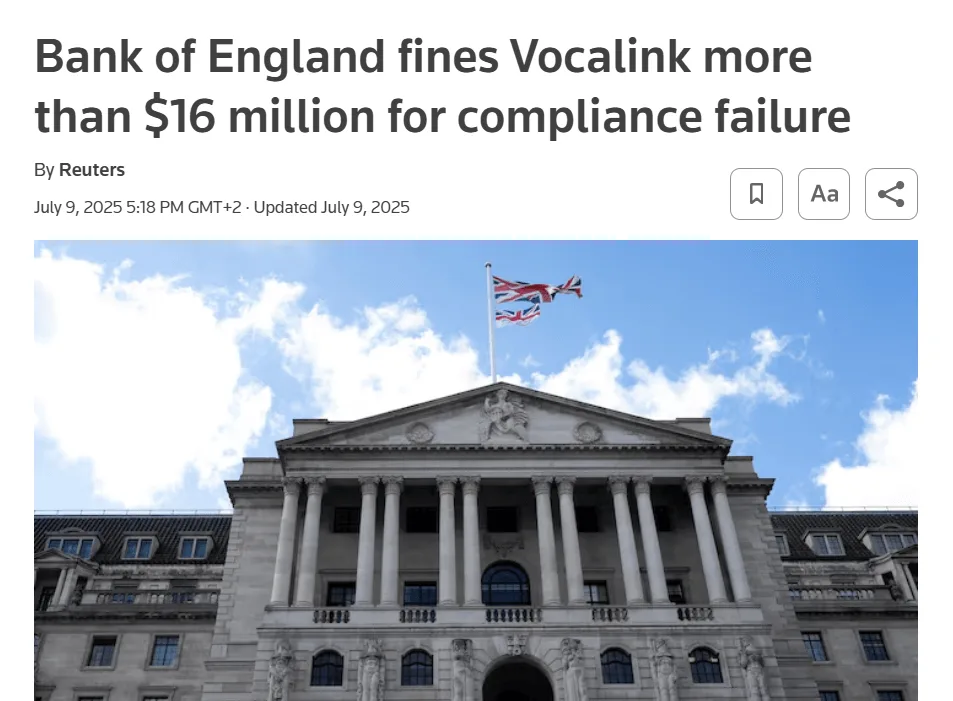 screenshot of a new article headline about how the Bank of England fined Mastercard’s Vocalink